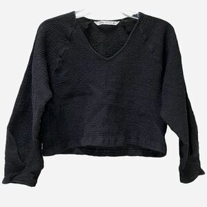 Zara Textured Crop Top with Raglan 3/4 Sleeves in Dark Black Women’s XS